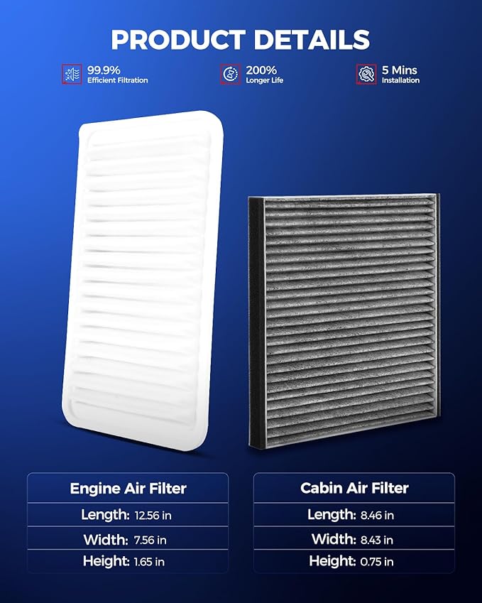 KAX Engine & Cabin Air Filter Kit, Replacement for Toyota Camry 2002-2006, Sienna 2004-2010 3.3L/3.5L, Solara 2004-2008, Lexus RX350 2007-2009, ES330 2004-2006, Replace# CA9360 CF10132