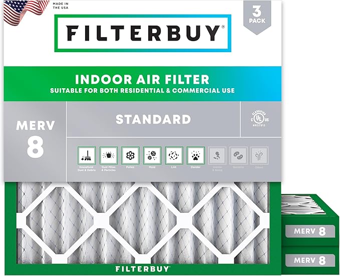 Filterbuy 12x12x2 Air Filter MERV 8 Essential Dust & Allergy Defense (3-Pack), Electrostatic Pleated HVAC AC Furnace Filters Replacement (Actual Size: 11.50 x 11.50 x 1.75)