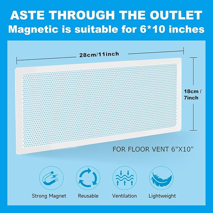 6 PCS White Magnetic Vent Covers - 7"x11" Magnetic Air Vent Screen - for Floor/Wall/Ceiling Registers - Easy Install, Secure Fit - Durable (Fits Registers 7" to 8" Wide x 11" to12.5" Long)