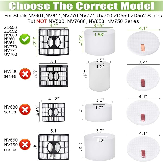 for Shark UV700 Filter Replacement DuoClean Rotator Lift Away Upright Vacuum ZD550 ZD552 NV611 NV600 NV601 NV770 NV771, 2 HEPA Filters + 4 Foam & 4 Felt Filters, Replace Parts XFF600, XHF600