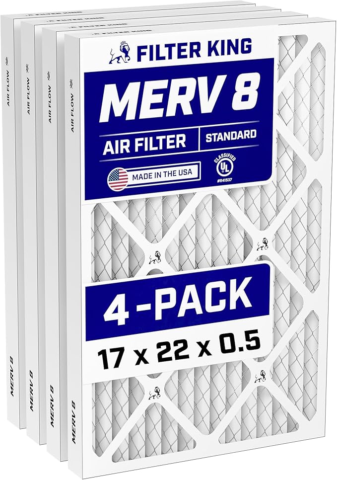 Filter King 17x22x0.5 Air Filter (MERV 8) (4-Pack) Dust & Allergy Control AC Furnace Filters, MADE IN USA, HVAC, Pleated, Electrostatic (Actual Size: 16.5 x 21.5 x 0.5)