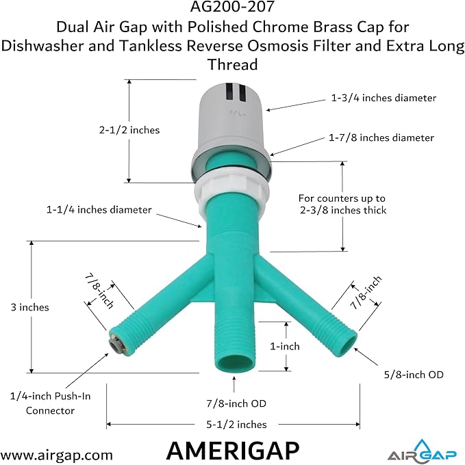 Dual Air Gap with Polished Chrome Brass Cap for Dishwasher and Tankless Reverse Osmosis Filter and Extra Long Thread (AG200-207, AG200-X07, AMERIGAP)