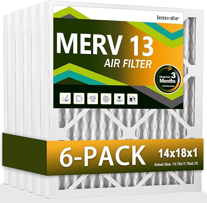 14x18x1 Air Filter MERV 13 (6-Pack), HVAC/Furnace AC Filter Replacement, Dust Defense–Comparable with MPR 1500-1900 & FPR 10 (Actual 13.75x17.75x0.75)
