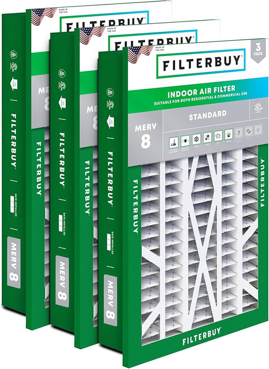Filterbuy 16x25x5 Air Filter MERV 8 Essential Dust & Allergy Defense (3-Pack), Electrostatic Pleated HVAC AC Furnace Filters for Honeywell Return Grille (Actual Size: 14.38 x 23.38 x 3.69)