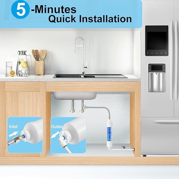 6 FT Premium Stainless Steel Braided Ice Maker Water Hose + Inline Water Filter Kit for Ice Maker and Refrigerator