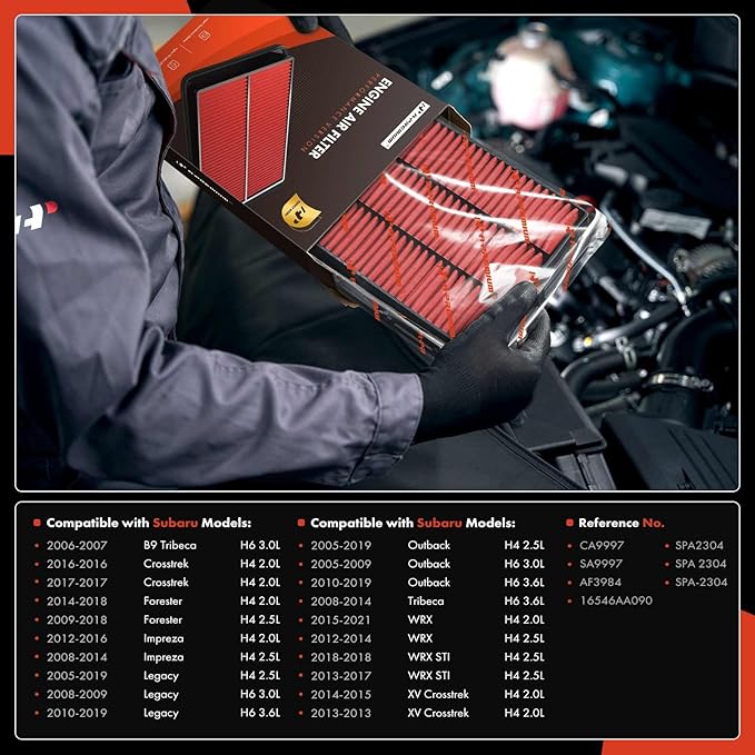 A-Premium High-performance, Pre-oiled Engine Air Filter Compatible with Subaru Models - Forester 2009-2018, Impreza 2008-2016, Legacy 2005-2019, Outback 2005-2019, Tribeca 2008-2014, WRX, XV Crosstrek