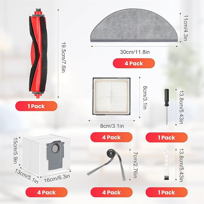 19 Pcs Replacement Kit for Q10 X5+ Robot Vacuum, 1 Main Brush, 4 HEPA Filter, 4 Mop Pads, 4 Side Brush, 4 Dust Bag, 1 Cleaning Brush and 1 Screwdriver