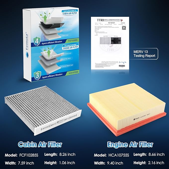 Cabin & Engine Air Filter Kit, CF10285 & CA10755, Lab Certified MERV 13, Pre-oiled, 2pcs, Specific for Toyota Avalon, Camry, Highlander, Sienna, Lexus ES350, NX200t, NX300, RX350