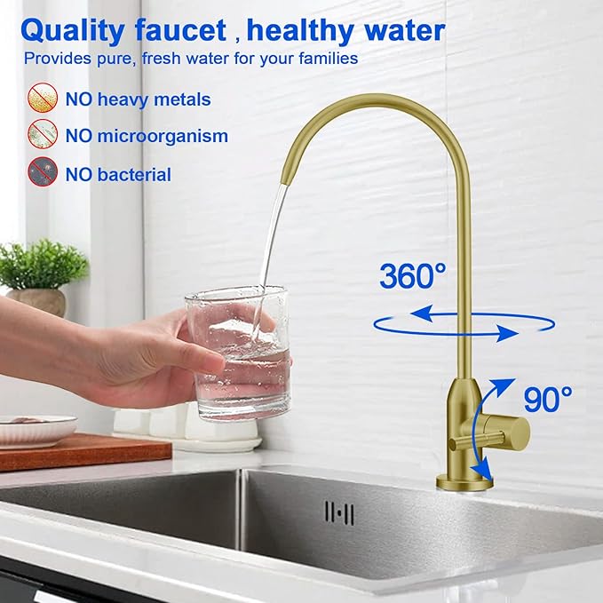 Drinking Water Faucet - Long Thread Stem Filtered Water Tap for Thick Countertop,Lead-Free RO Faucet with Hose and Quick Connect Fittings(Matte Gold)