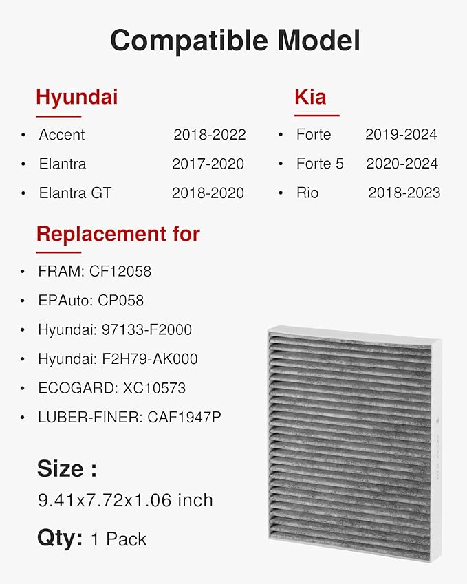 Puroma Cabin Air Filter with Activated Carbon, Replacement for CF12058, CP058, Hyundai Accent, Elantra, Elantra GT, Kia Forte, Forte5, Rio