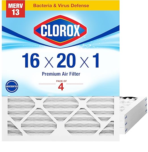 Clorox 16x20x1 Air Filter, MERV 13 Pleated HVAC AC Furnace Air Filters for Allergies, Pet Dander, Smoke and more, MPR 1500 & FPR 10 – Pack of 4