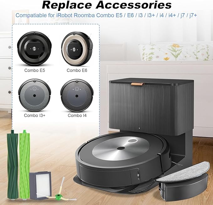 Replacement Parts Accessories for iRobot Roomba E&I&J Series - Fit e5 e6 e7 i1 i1+ i2 i3 i3+ i4 i4+ i6 i6+i7 i7+ i8 i8+ j6+ j7 j7+,Combo i5 i5+j5 j5+ Vacuum - 1 Set Brush,3 Side Brush,3 HEPA Filter