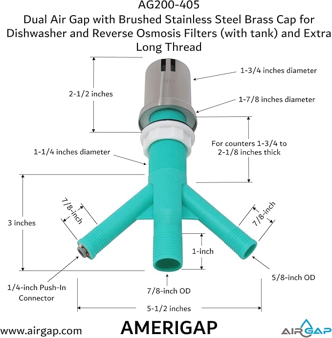 Dual Air Gap with Brushed Stainless Steel Brass Cap for Dishwasher and Reverse Osmosis Filters (with tank) and Extra Long Thread (AG200-405, AG200-X05, AMERIGAP)