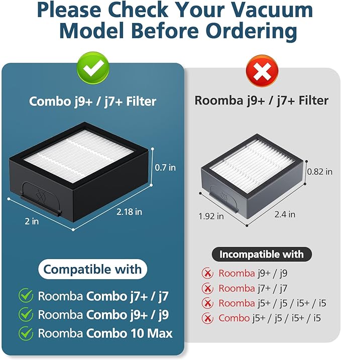 Combo 10 Max/ j9+/ j7+ HEPA Filters ONLY Compatible With i-Robot Roomba Combo 10 Max, Combo j9+, Combo j7+ Robot Vacuum (𝗡𝗼𝘁 𝗙𝗶𝘁 𝗳𝗼𝗿𝗥𝗼𝗼𝗺𝗯𝗮 j7/ j7+/ j9/ j9+)