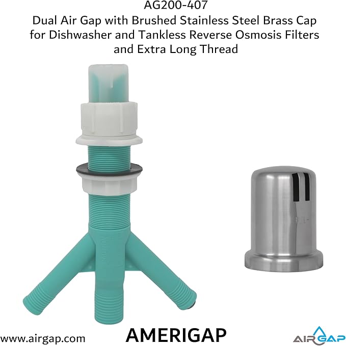 Dual Air Gap with Brushed Stainless Steel Brass Cap for Dishwasher and Tankless Reverse Osmosis Filter and Extra Long Thread (AG200-407, AG200-X07, AMERIGAP)