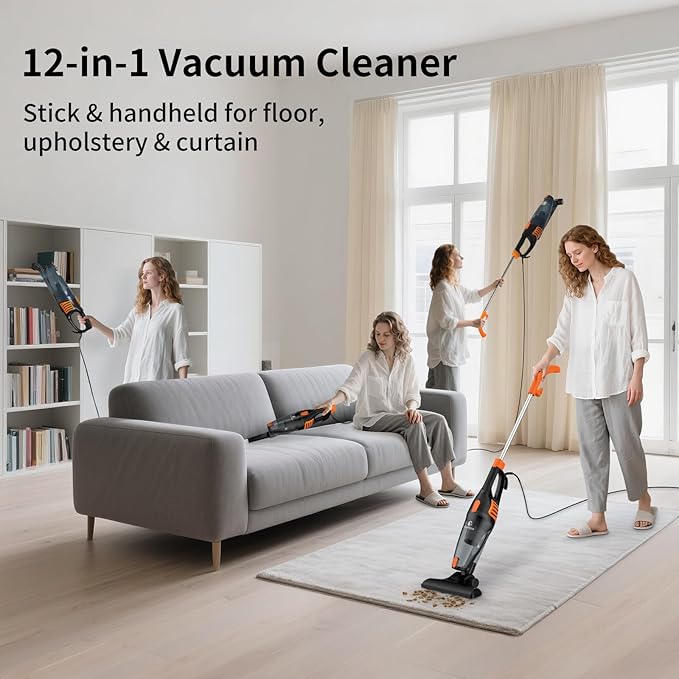Corded Vacuum Cleaner, 12 in 1 Ultra-Lightweight Vacuum Cleaners for Home 15KPa Powerful Suction Stick Vacuum with Washable HEPA Filter for Home, Car, Pet Hair, Carpet, Hard Floor