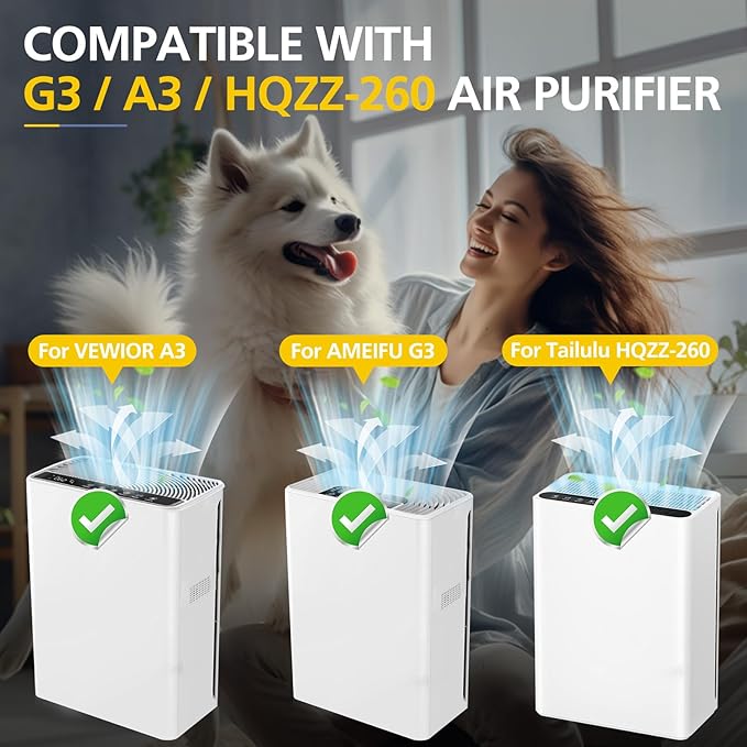 4 Pack G3 Air Purifier Repalcement Filter Compatible with AMEIFU G3 Sferf-30 (FXAP2W), for VEWIOR A3, For Tailulu HQZZ-260 Air Purfier, 3-in-1 True HEPA Air Cleaner Filter