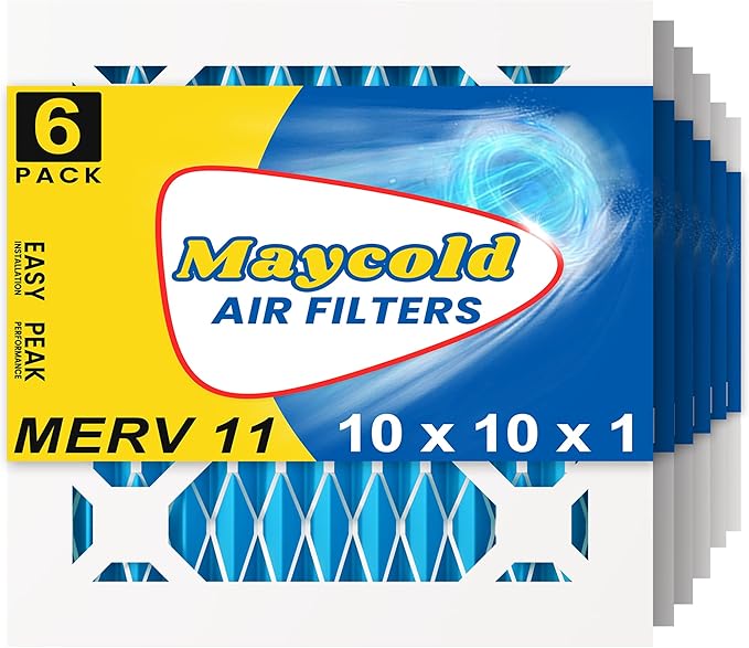 Maycold 10x10x1 MERV 11 Furnace Air Filter (6-Pack), High-Performance HVAC AC Filters for Home Use, Actual Size: 9.70” x 9.70” x 0.75”, Individually Wrapped in Plastic