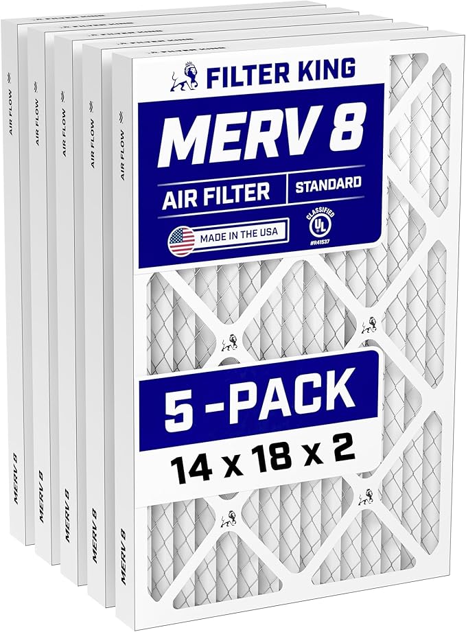 Filter King 14x18x2 Air Filter (MERV 8) (5-Pack) Dust & Allergy Control AC Furnace Filters, MADE IN USA, HVAC, Pleated, Electrostatic (Actual Size: 13.5 x 17.5 x 1.75)