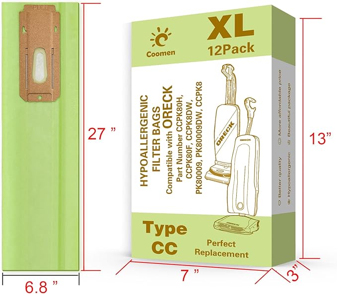 12 Pack Great Compatible with Oreck XL Vacuum Bags, Hypoallergenic Fits All Oreck XL Upright Vacuums, Filter Type CC Vacuum Bags.