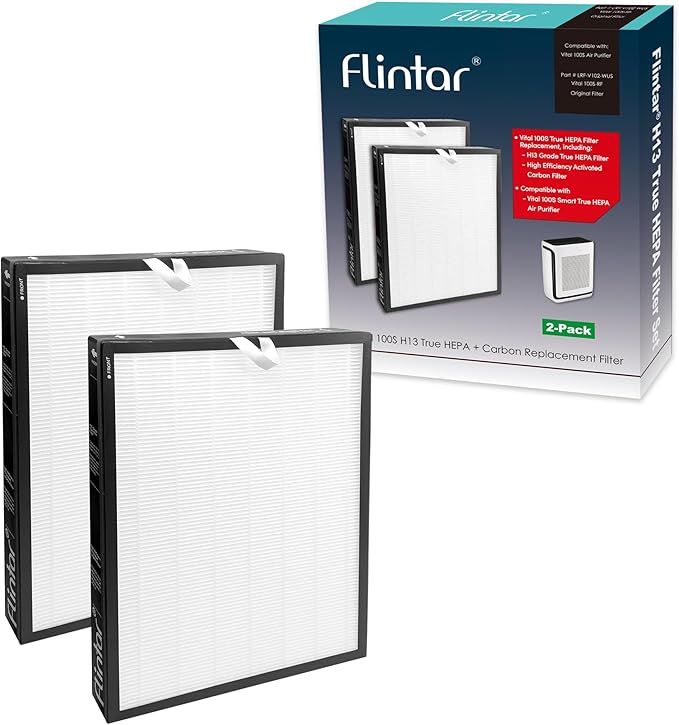 Flintar Vital 100S Replacement Filter, Compatible with LEVOIT Vital 100S Air Purifier, H13 Grade Filtration + Activated Carbon filter, Part # Vital 100S-RF, Original Filter, 2-Pack