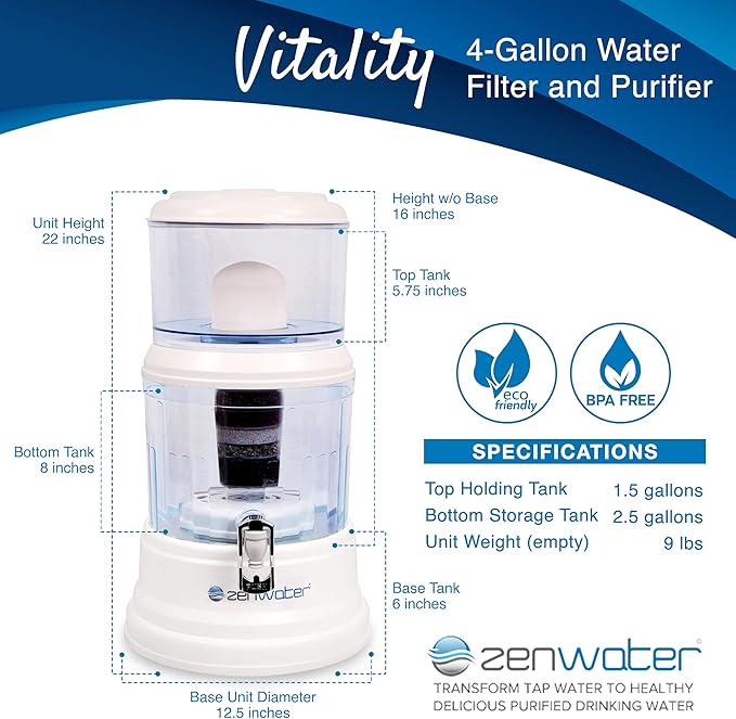 ZENWATER 4-Gallon Countertop Gravity Water Filter System - Portable Alkaline Filtration System - Enjoy Clean and Mineral-Rich Hydration At Home, Office, or Travel