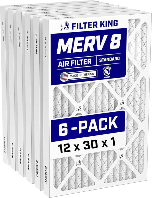 Filter King 12x30x1 Air Filter (MERV 8) (6-Pack) Dust & Allergy Control AC Furnace Filters, MADE IN USA, HVAC, Pleated, Electrostatic (Actual Size: 11.5 x 29.5 x .75)