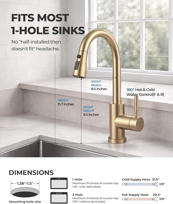 WEWE Kitchen Faucets with Pull Down Sprayer, Stainless Steel Single Handle 1 Hole for Family Kitchen Commercial Camper Laundry Rv Bar, Gold