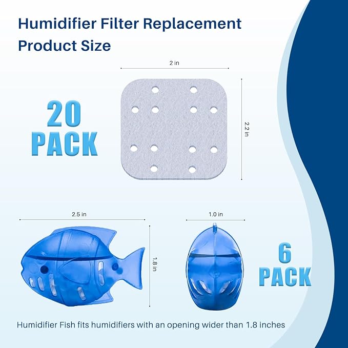 Humidifier Filter Replacement for LEVOIT, Mineral Absorption Pad Compatible with LV600S, LV600HH, OasisMist450S, Capture Particles in Tank to Improve Humidification- 20 Filters and 6 Humidifier Fishs