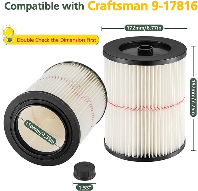 9-17816 Red Stripe Vacuum Cartridge Filter Replacement Compatible with Craftsman Wet/Dry 5/6/8/12/16/32 Gallon and Larger(2 Pack)