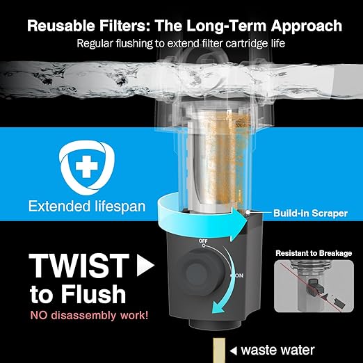 Frizzlife 40 & 100 Micron Spin Down Sediment Water Filter Built-in Scraper, Reusable and Flushable Whole House Pre-Filtration System, Flushable Filtration, 1" + 3/4" NPT, BPA Free, JG40-100