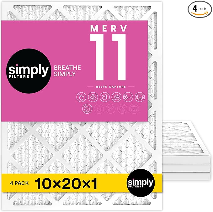 Simply 10x20x1 Air Filter, MERV 11, 4 Pack, Furnace Air Filter for HVAC (Actual Size: 9.75"x19.75"x0.75") DUST, Pet & Allergy Control