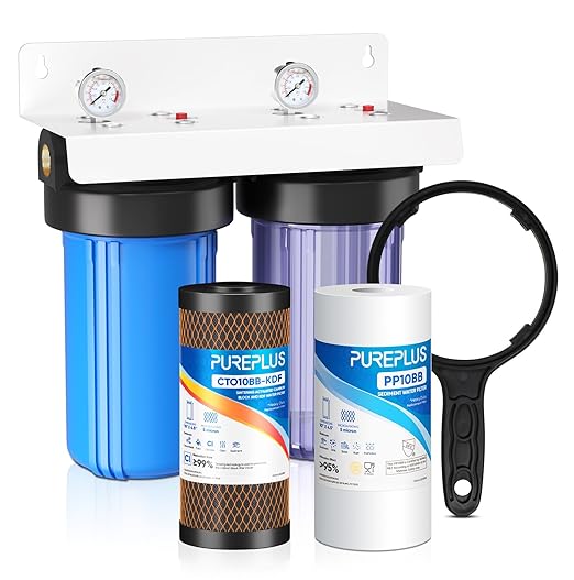 PUREPLUS 2-Stage Whole House Water Filtration System, Reduces Chlorine, Odor, Heavy Metals & Rust, with Pressure Gauges, 10" x 4.5" Clear Housing, 1" Inlet/Outlet, PP Sediment & KDF Carbon Filters