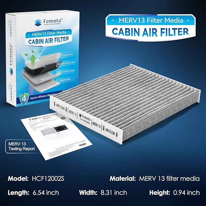 Certified MERV 13 Cabin Air Filter with Activated Carbon, CF12002 for Kia Soul (2014-2019), Kia Soul EV (2015-2019), OE: 97133-B2000.
