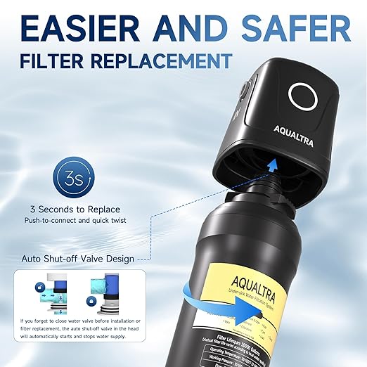 AQUALTRA USF02-BK Under Sink Water Filter System, 20K Gallons, NSF/ANSI/CAN 372 Certified, 0.5 μm Carbon Fiber Filter Reduces PFAS (PFOA/PFOS), Chlorine, Lead, Chloramine, Fluoride, Bad Taste & Odor