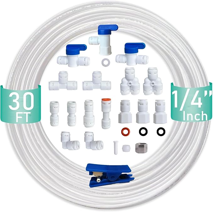 NSF Certified 1/4" O.D. Push to Connect Fittings for RO (Reverse Osmosis) Water Filter（ Fridge Installation Kits）20 pcs+30 feet 1/4" Water tubing.