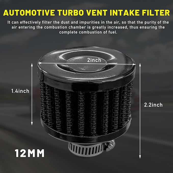 12mm Mini Air Filter, Universal Motor Cold Air Intake Filter Breather, Auto Turbo Vent Intake Filter Cleaner, Crankcase Breather Car Accessories for Motorcycle Engine Parts (Black)