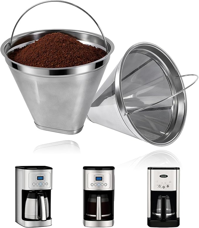 2-Pack Stainless Steel Coffee Filters Compatible with Cuisinart Coffee Maker, Fit for DCC 1200P1, 3200NAS, 3400NAS Models, Permanent & Reusable Cone Coffee Filters Basket Replacements