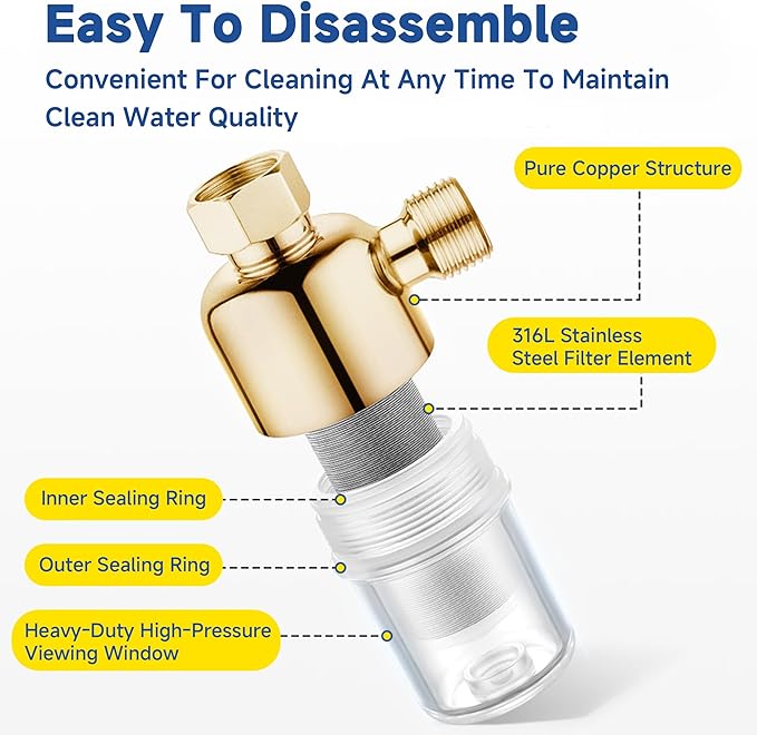 Washing Machine Water Filter, 40 Micron Reusable Brass Inline Sediment Filter, Anti-Scale Hose Pre-Filter for Water Heater, RV, and Toilet Bidet (T Port)