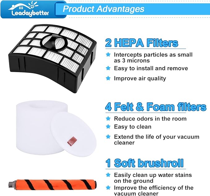Leadaybetter Filter Replacement for Shark APEX DuoClean Lift-Away AX950 AX951 AZ1002 AZ1000 AZ1000W, 2 Black Filters, 4 Foam & Felt Filters, 1 Brush Roll, Compare to Part # XFF650 & XHF650 & 1173FT950