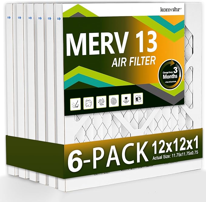 12x12x1 Air Filter MERV 13 (6-Pack), HVAC/Furnace AC Filter Replacement, Dust Defense–Comparable with MPR 1500-1900 & FPR 10 (Actual 11.75x11.75x0.75)