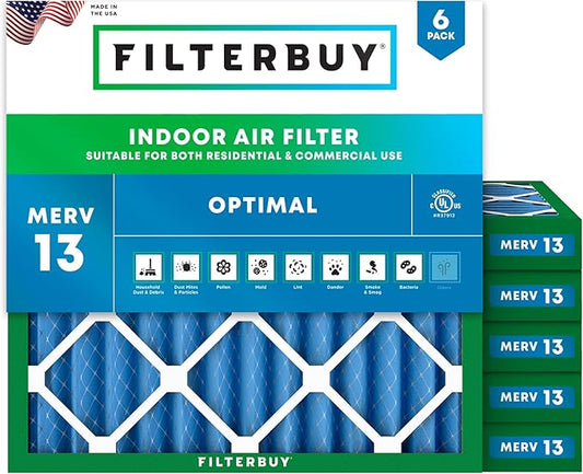 Filterbuy 12x12x2 Air Filter MERV 13 Optimal Smoke & Allergy Defense (6-Pack), Electrostatic Pleated HVAC AC Furnace Filters Replacement (Actual Size: 11.50 x 11.50 x 1.75)
