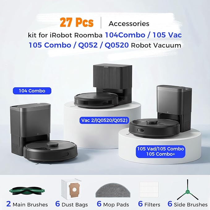 27 Pcs Replacement Parts for iRobot Roomba 104Combo/105 Vac/ 105 Combo/ Q052/ Q0520 Robot Vacuum, Include 2 Main Brushes, 6 Dust Bags, 6 Mop Pads, 6 Filters, 6 Side Brushes and 1 Cleaning Brush