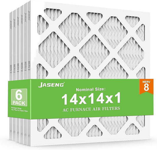 JASENG14x14x1 Air Filters, MERV 8 Pleated HVAC Furnace Filters (6-Pack) - Dust Defense, MPR 600 - exact dimensions: 13.75"x13.75"x0.75" - Replacement for AC, Heater, and Ventilation Systems