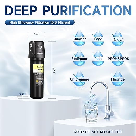 AQUALTRA USF01-BK Under Sink Water Filter System, 12K Gallons, NSF/ANSI 372 Certified, 0.5 μm Carbon Fiber Filter Reduces PFAS (PFOA/PFOS), Chlorine, Lead, Chloramine, Fluoride, Bad Taste & Odor