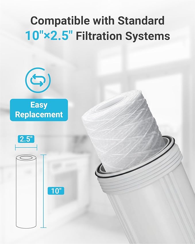 AQUA CREST 5 Micron 10"x2.5" String Wound Sediment Water Filter Cartridge for Well Water, Universal Replacement for Any 10 inch RO Unit, WP-5, Aqua-Pure AP110, CFS110, Culligan P5, WFPFC4002, 4Pack