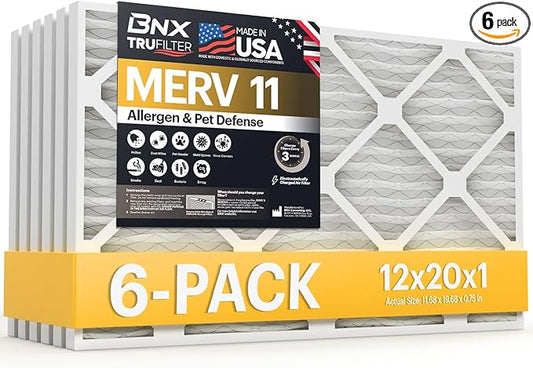 BNX TruFilter 12x20x1 Air Filter MERV 11 (6-Pack) - MADE IN USA - Allergen Defense Electrostatic Pleated Air Conditioner HVAC AC Furnace Filters for Allergies, Dust, Pet, Smoke, Allergy MPR 1200 FPR 7