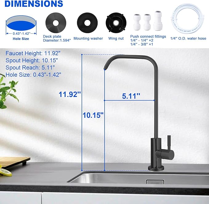Drinking Water Faucet - Long Thread Stem Filtered Water Tap for Thick Countertop,Lead-Free RO Faucet with Hose and Push Connect Fittings(Matte Black - "7" Shape)