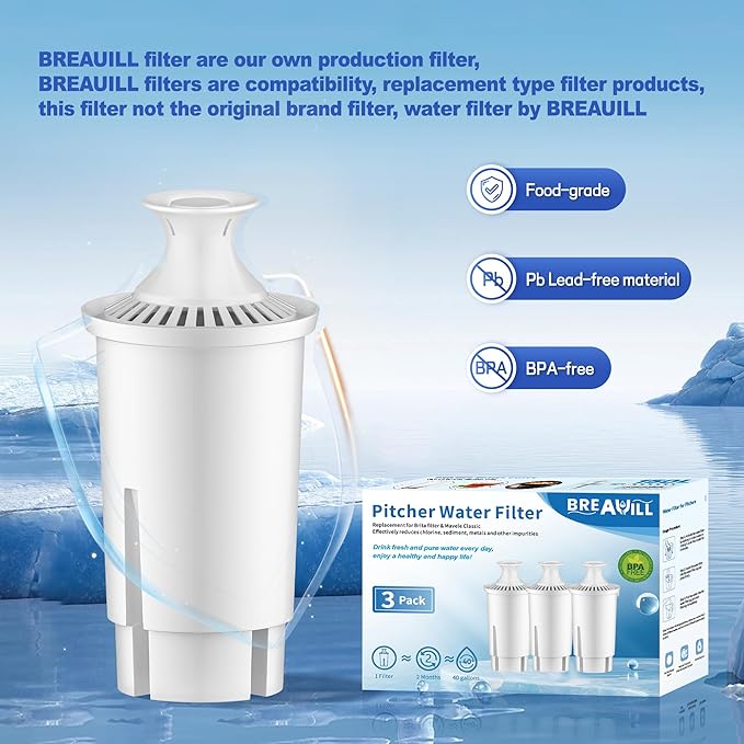 Water Filter by BREAUILL, Water Filter Replacement Compatible with Brita Pitchers and Dispensers, NSF Certified Water Pitcher Filter Compatible with Classic OB03, Mavea 107007(3 PCS)