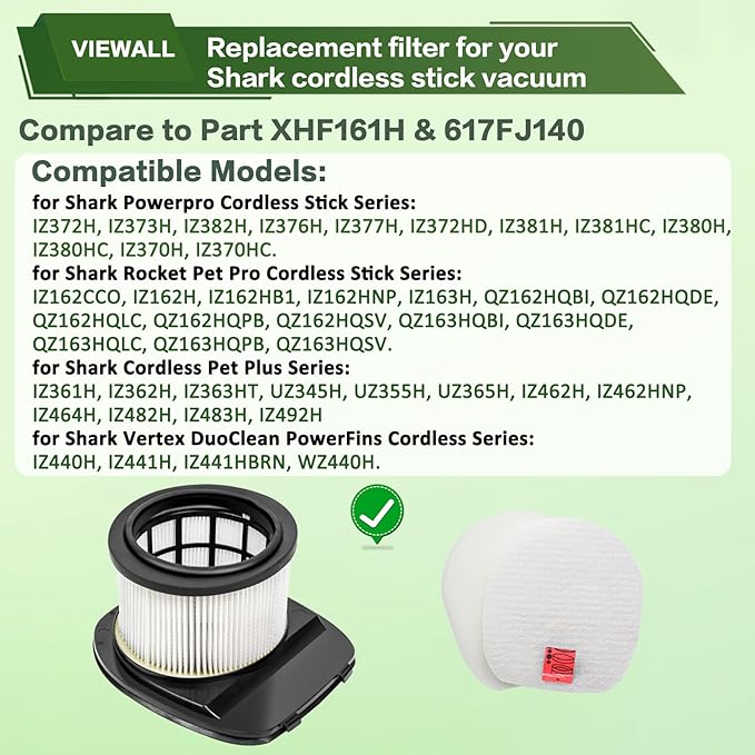 IZ377H IZ376H IZ362H Filter Replacement for Shark IZ363HT IZ382H IZ462H IZ387H IZ163H IZ464H IZ483H IZ482H IZ162H IZ361H Pet Cordless Stick Vacuum, Part XHF161H & 617FJ140, 2 HEPA 4 Foam Felt Filter